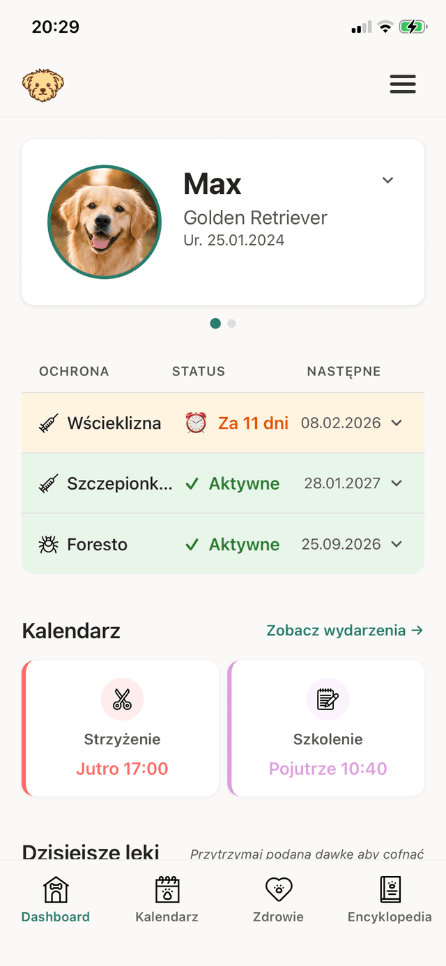 Dashboard główny aplikacji PIESEK z profilem psa