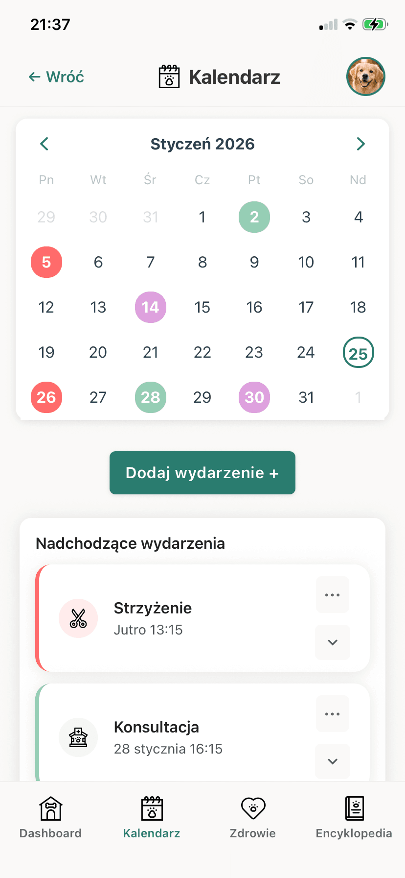 Kalendarz wydarzeń z kolorowym kodowaniem