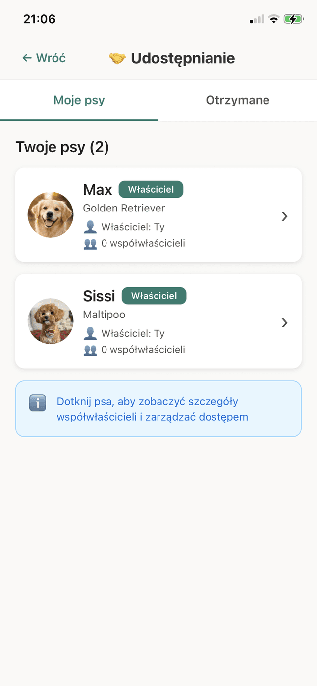 Funkcja współdzielenia profilu psa w aplikacji PIESEK