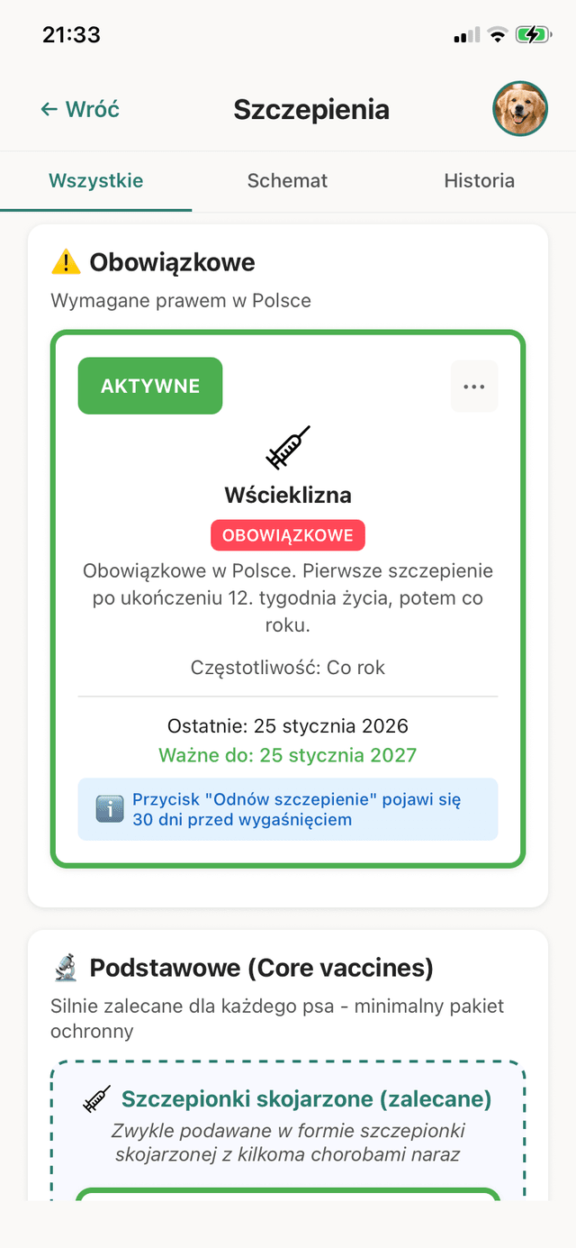 Kalendarz szczepień w aplikacji PIESEK